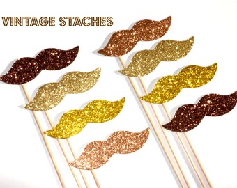 Vintage Glitter Mustache Collection - Set of 8 - Gold, Yellow Gold, Brown, and Peach Glitter Staches