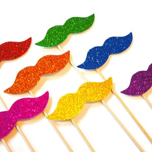 Photo Booth Props  - Rainbow Glitter Mustaches on a Stick - Set of 7 - Rainbow Mustaches