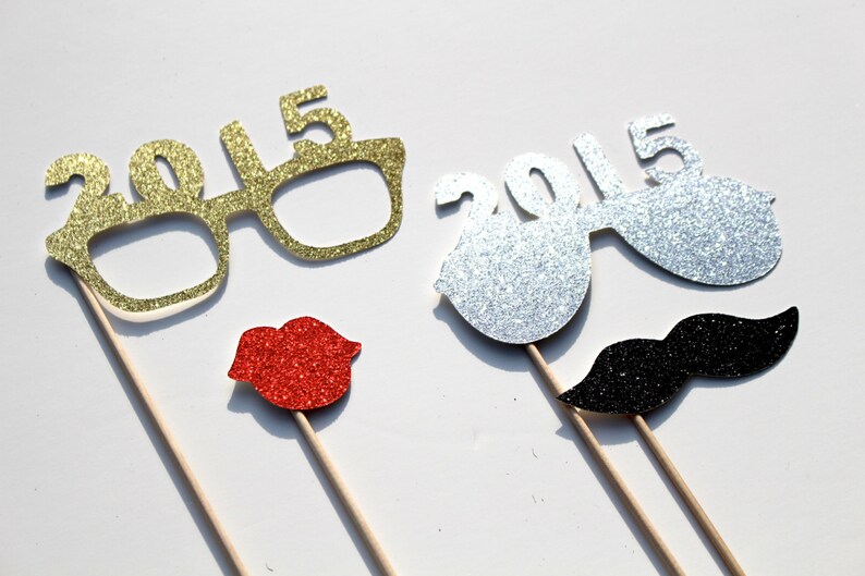 2015 New Years Eve Photo Booth Props Silver and Gold New Years Party Props set of 4 GLITTER photo props image 1