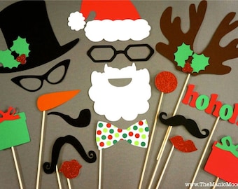Christmas Photo Booth Props - 17 piece set - GLITTER Photobooth Props - Christmas Photo Props