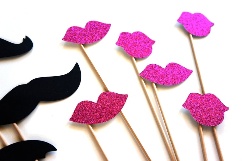 Photo Booth Props Mustaches and Glitter Lips 12 piece set Hot Pink GLITTER Lips Birthdays, Weddings, Parties Photobooth Props image 2