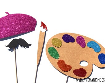 Photo Booth Props - Artist Prop Set - Beret, Mustache, Paint Palette and Paint Brush - Set of 4 Props with Glitter- You choose Beret Color