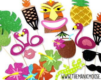 Tiki Photo Booth Props ~ 14 Piece Prop Set ~ GLITTER Photobooth Props ~ Props Come Fully Assembled