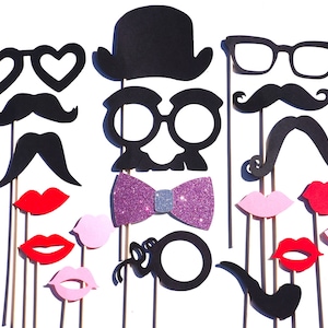 Photo Booth Props - Classic Wedding - Baby Pink GLITTER bow tie - 19 piece set - Birthdays, Weddings, Parties - Photobooth Props