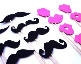 Mustaches and Baby Pink Lips on a Stick - Set of 16 - Birthdays, Weddings, Parties - Photo Booth Props