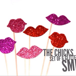 Photo Booth Prop Set - The Chicks - Set of 6 Glitter Smiles - Hot Pink, Light Pink, and Red - Glitter Lips - Photobooth Props
