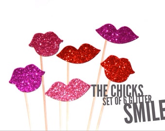 Photo Booth Prop Set - The Chicks - Set of 6 Glitter Smiles - Hot Pink, Light Pink, and Red - Glitter Lips - Photobooth Props