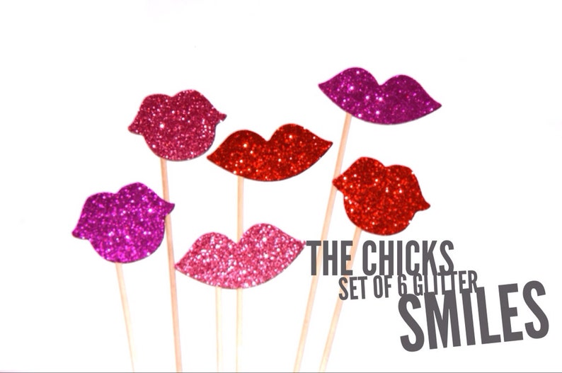 Photo Booth Prop Set The Chicks Set of 6 Glitter Smiles Hot Pink, Light Pink, and Red Glitter Lips Photobooth Props image 1