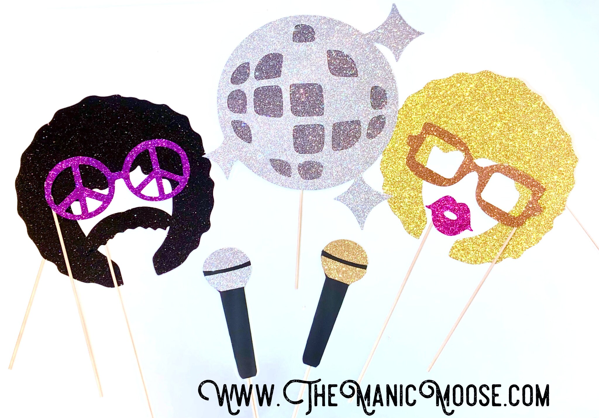 Disco Photo Booth Prop Set 9 piece Glitter Set 70s Photo Booth Props GLITTER Photobooth Props
