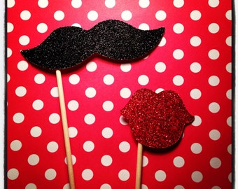 Vintage Wedding Photo Booth Props - 2 piece set - GLITTER  mustache and lips on a stick