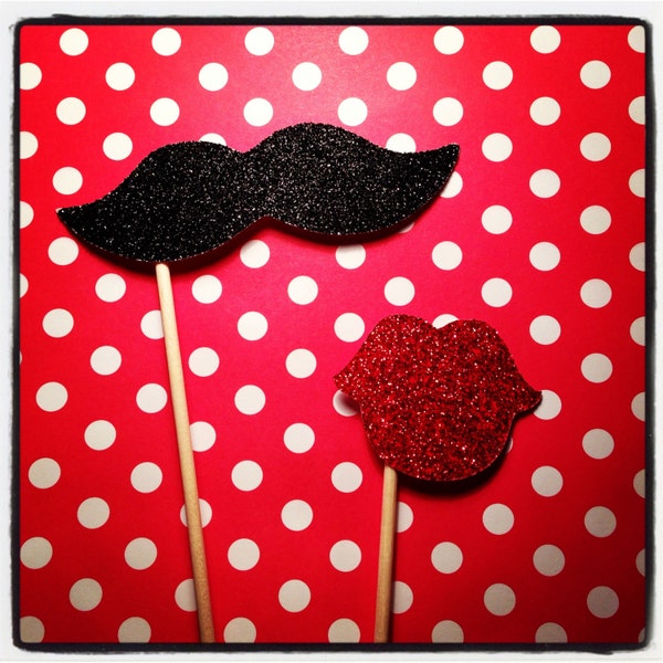 Vintage Wedding Photo Booth Props - 2 piece set - GLITTER  mustache and lips on a stick