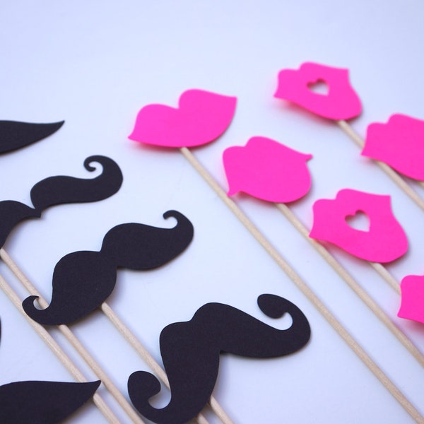 Mustaches and Neon Pink Lips on a Stick - Set of 16 - Birthdays, Weddings, Parties - Photo Booth Props