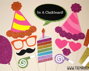 Birthday Party Photo Booth Props ~ 13 piece set ~ Pink ~ Pastels ~ Glitter ~ You Choose Balloon Number