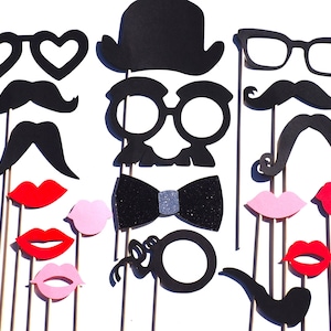 Photo Booth Props - Classic Wedding - Black GLITTER bow tie - 19 piece set - Birthdays, Weddings, Parties - Photobooth Props