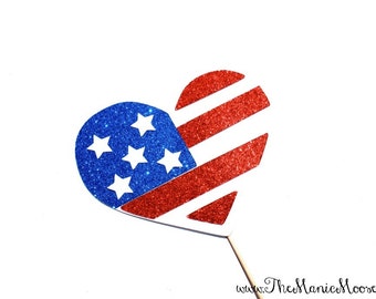Photo Booth Props ~ GLITTERY American Flag Heart  - GLITTER Photobooth Prop