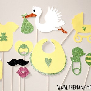 Baby Shower Props Gender Neutral Photo Props Set of 10 Glitter Photo Booth Props Yellow and Lime Green Glitter Photo Props image 1