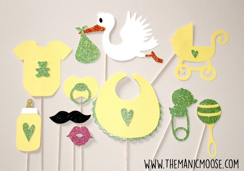 Baby Shower Props Gender Neutral Photo Props Set of 10 Glitter Photo Booth Props Yellow and Lime Green Glitter Photo Props image 1