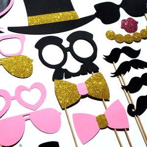 Fancy Photo Booth Prop Set ~ Pink and Gold Edition ~ 21 pieces ~ Birthdays, Weddings, Parties ~ GLITTER Props ~ Includes Chalkboard Bubble