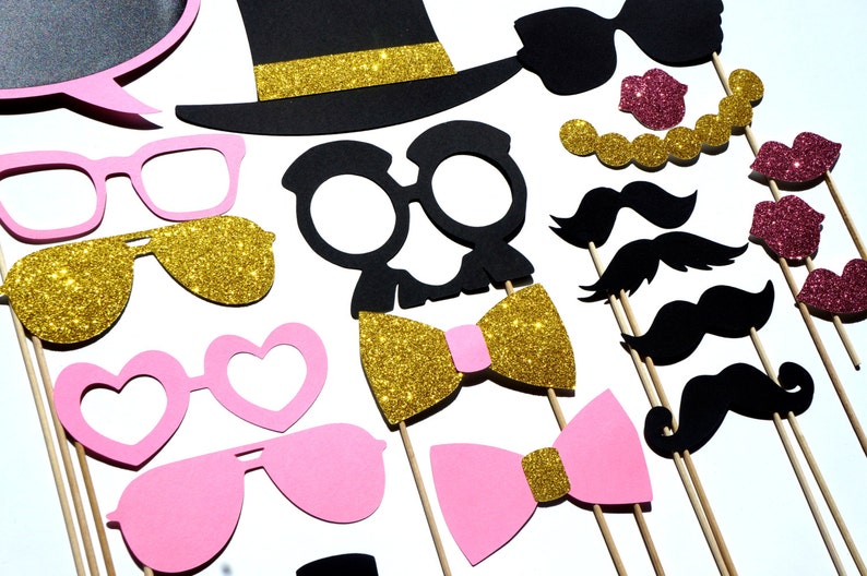 Fancy Photo Booth Prop Set Pink and Gold Edition 21 pieces Birthdays, Weddings, Parties GLITTER Props Includes Chalkboard Bubble image 2