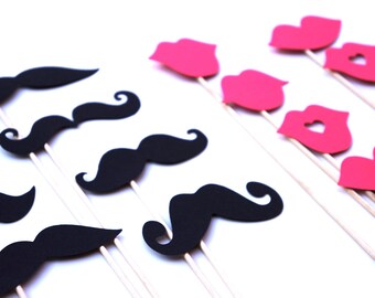 Mustaches and Hot Pink Lips on a Stick - Set of 16 - Birthdays, Weddings, Parties - Photo Booth Props