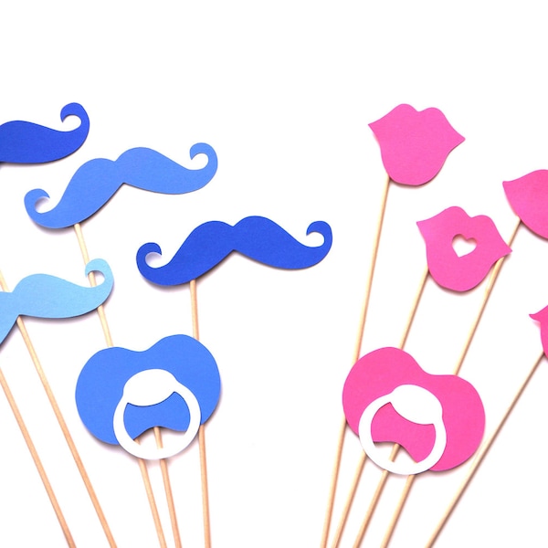 Gender Reveal Party - Baby Shower - Photo Booth Props - Pink and Blue Photo Props - Lips and Mustaches on a Stick - Pacifier Props