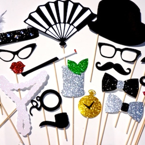 Prom Photo Booth Props - 1920&#39;s Inspired Photo Booth Prop Set - 22 piece set - Roaring Twenties - Great Gatsby - GLITTER Photobooth Props