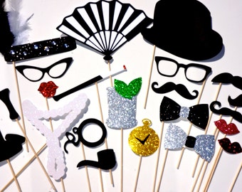 1920's Inspired Photo Booth Prop Set - Ensemble de 22 pièces - Roaring Twenties - Great Gatsby - GLITTER Photobooth Props