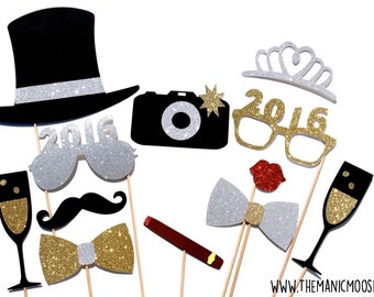 2016 Graduation Photo Booth Props - Silver and Gold - set of 12 - GLITTER photo props