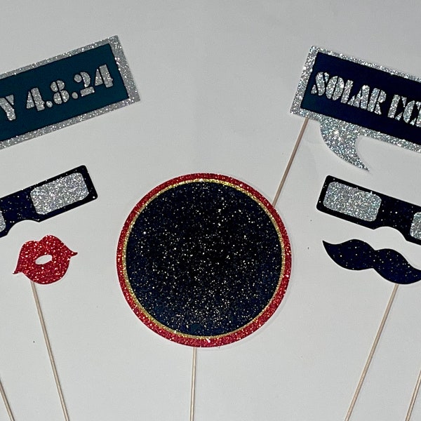 Solar Eclipse 2024 Photo Booth Props ~ LIMITED EDITION ~ set of 7 Glitter photo props ~ LIMITED Qty Available!