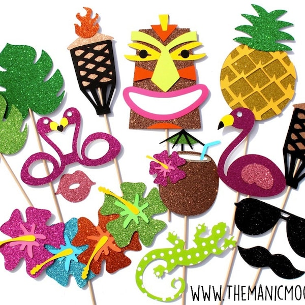 Hawaiiaanse Photo Booth Props ~ 14-delige Prop Set ~ GLITTER Photobooth Props ~ Props komen volledig gemonteerd