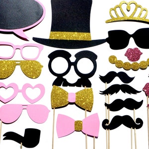 Fancy Photo Booth Prop Set Pink and Gold Edition 21 pieces Birthdays, Weddings, Parties GLITTER Props Includes Chalkboard Bubble image 1