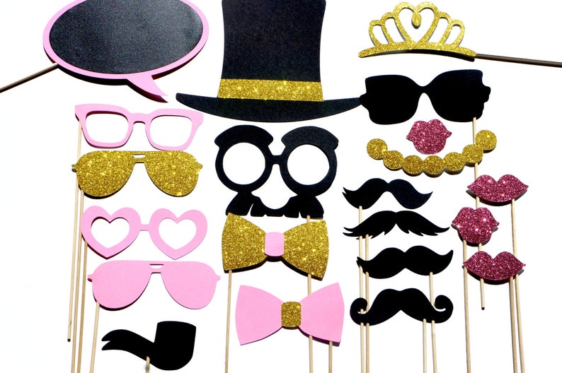 Fancy Photo Booth Prop Set Pink and Gold Edition 21 pieces Birthdays, Weddings, Parties GLITTER Props Includes Chalkboard Bubble image 1