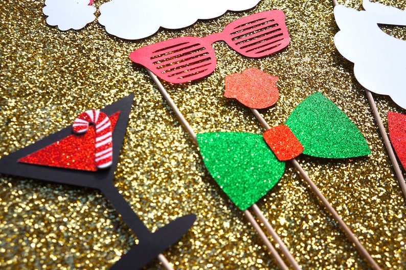 Christmas Photo Booth Props 11 piece set GLITTER Photobooth Props Party Rockin' Santa and Mrs. Claus image 2