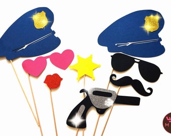 Photo Booth Props - The Deluxe Police Officer Collection - 8 piece prop set - Birthdays, Weddings, Parties - GLITTER Photobooth Props