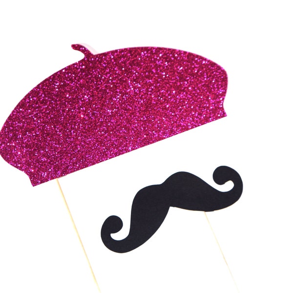 Photo Booth Props - HOT PINK GLITTER Beret and Mustache Set - Set of 2 Props - Birthdays, Weddings, Parties - Photobooth Props
