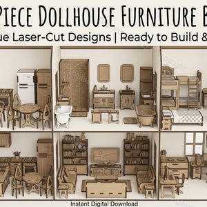May include: A dollhouse with three levels, showcasing laser-cut wooden furniture. The image displays various rooms, including a kitchen with a table and chairs, a bathroom with a bathtub, and bedrooms with beds and dressers. The text reads "100+ Piece Dollhouse Furniture Bundle."