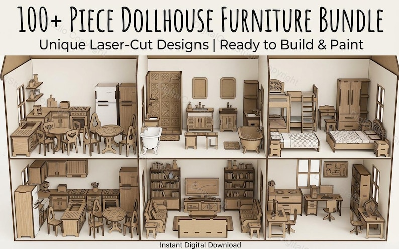 May include: A dollhouse with three levels, showcasing laser-cut wooden furniture. The image displays various rooms, including a kitchen with a table and chairs, a bathroom with a bathtub, and bedrooms with beds and dressers. The text reads "100+ Piece Dollhouse Furniture Bundle."