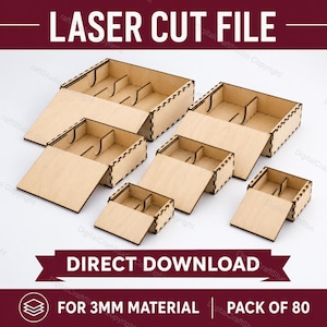 May include: A collection of laser-cut wooden boxes with lids, designed for 3mm material. The boxes are in various sizes, with internal dividers. The image includes the text "LASER CUT FILE" and "DIRECT DOWNLOAD".