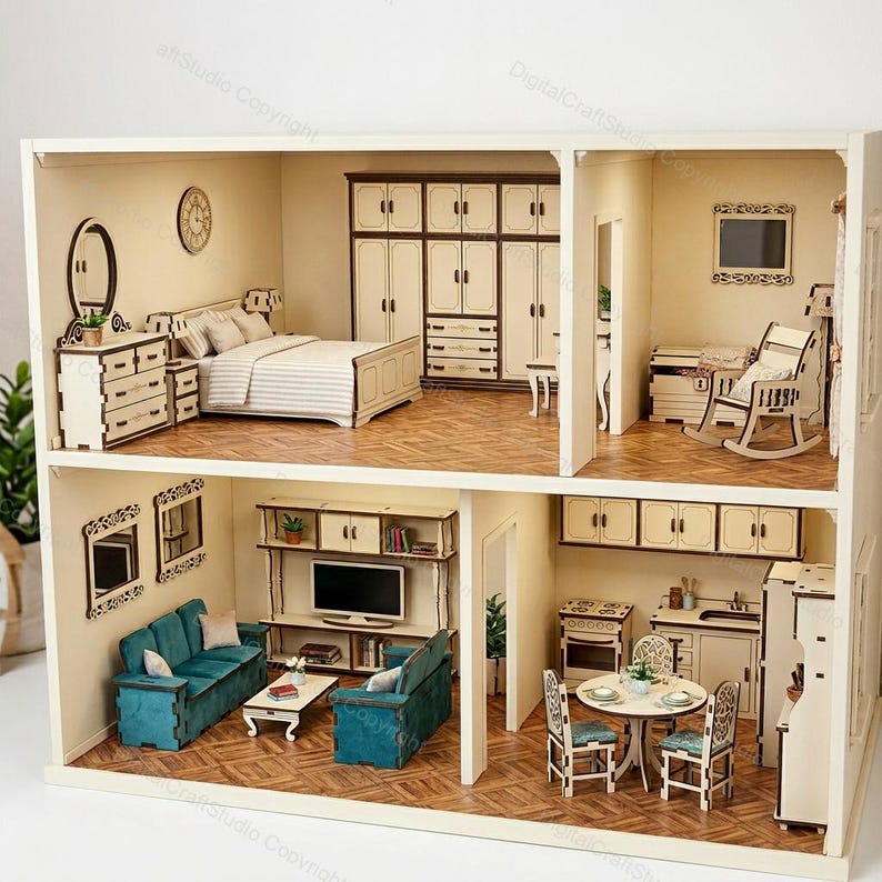 May include: A two-story dollhouse with detailed miniature furniture. The dollhouse features a bedroom, living room, and kitchen, with a bed, sofas, table, and cabinets. The dollhouse is made of light-colored wood.