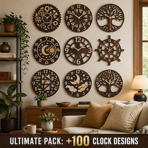 May include: A collection of nine circular wall clocks with intricate dark brown wooden cutouts and gold hands, featuring designs like gears, sunbursts, trees, zodiac symbols, and a ship wheel, displayed on a wall above a wooden console table.