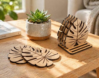 Juego de posavasos con diseño de hoja de monstera en formato SVG, archivo de corte láser para madera de 3 mm, regalo de decoración tropical para el hogar, descarga digital.