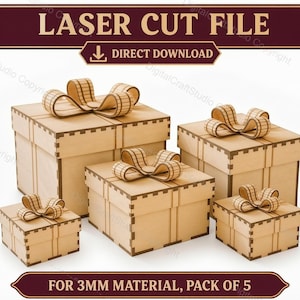 Könnte beinhalten: Fünf lasergeschnittene Holzgeschenkboxen mit dekorativen Schleifen. Die Boxen sind in verschiedenen Größen und zusammen angeordnet. Das Bild enthält den Text "LASER CUT FILE" und "DIRECT DOWNLOAD". Der Text unten lautet "FOR 3MM MATERIAL, PACK OF 5".