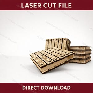 May include: Laser cut file of wooden boxes with a wood grain design. The boxes are stacked and arranged on a white background. The text "LASER CUT FILE" and "DIRECT DOWNLOAD" are visible.