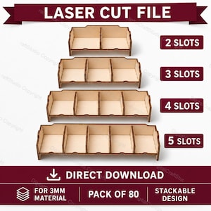 Puede incluir: Archivo de corte láser para organizadores de madera con 2, 3, 4 y 5 ranuras. La imagen muestra los organizadores ensamblados y el texto que dice "Descarga directa", "Para material de 3 mm", "Paquete de 80" y "Diseño apilable".