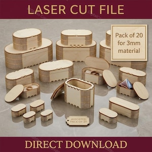 May include: A collection of laser-cut wooden boxes in various sizes and shapes, including oval and rectangular designs. The boxes are made of light-colored wood and feature intricate cut patterns. Text on the image reads "LASER CUT FILE" and "DIRECT DOWNLOAD".