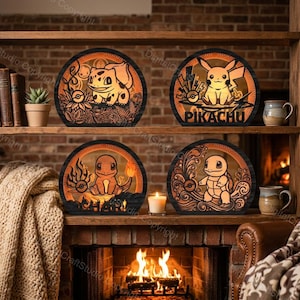 May include: Four round, wooden, illuminated wall art pieces featuring Pokémon characters. Each piece has a black frame and a detailed, laser-cut design with orange and yellow lighting. The characters include Bulbasaur, Pikachu, Charmander, and Squirtle.