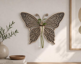 Diseño de mariposa en capas para decoración de pared (archivo SVG) / Soporte para plantas cortado con láser (archivo digital de madera de 3 mm)
