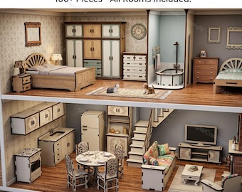 Paquete definitivo de muebles para casas de muñecas en formato SVG y DXF: archivos de corte láser para decoración de casas en miniatura, más de 100 piezas, ¡todas las habitaciones incluidas!