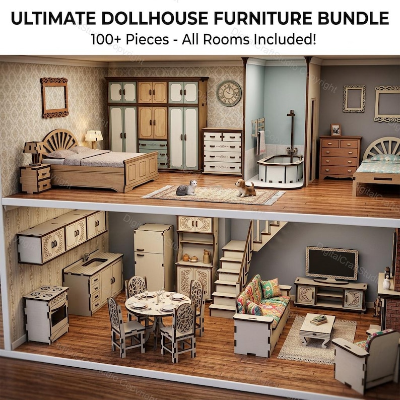Image of a multi-room dollhouse fully furnished with laser-cut miniature furniture, including bedroom, kitchen, living room, dining room, and bathroom sets, made from 3mm wood. Features intricate details, a cat, and a dog figurine, showcasing a complete ultimate dollhouse furniture bundle.