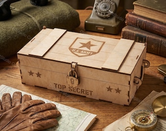 Archivo de caja para 2 botellas de vino cortada con láser, diseño ultrasecreto del Ejército de EE. UU. (SVG, DXF)